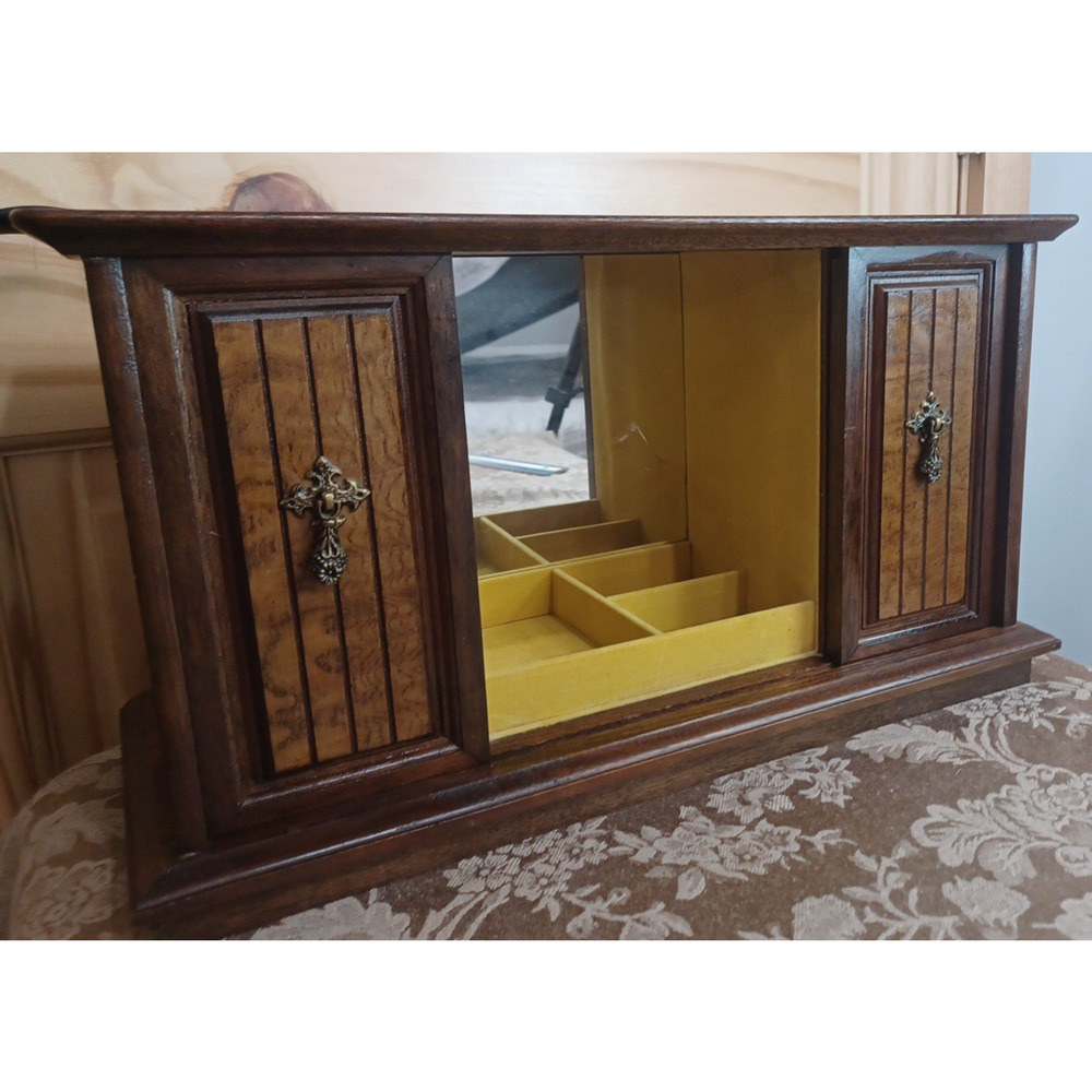 VTG Wood Jewelry Large Box MCM Organizer Japan 16x7x9* READ Cracked Mirror - Picture 16 of 16
